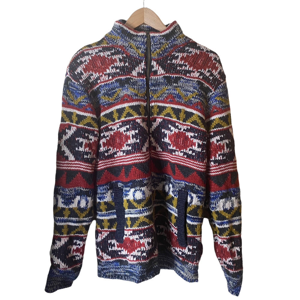 21 Men Maroon Knit Sweater Full Zip Long Sleeve Mock Neck Geometric Cottage Core